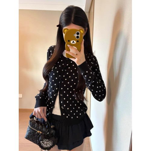 甜美韓系黑色波點薄款針織開衫上衣女早秋季穿搭短款毛衣外套