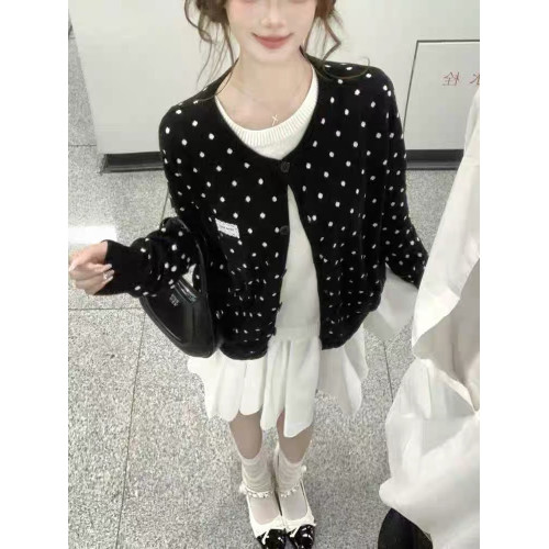 甜美韓系黑色波點薄款針織開衫上衣女早秋季穿搭短款毛衣外套
