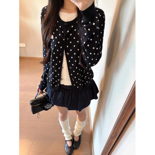 甜美韓系黑色波點薄款針織開衫上衣女早秋季穿搭短款毛衣外套