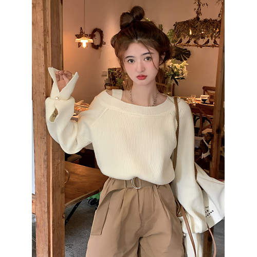 小心機露肩軟糯針織衫毛衣女早秋季設計感小衆法式溫柔風寬松上衣