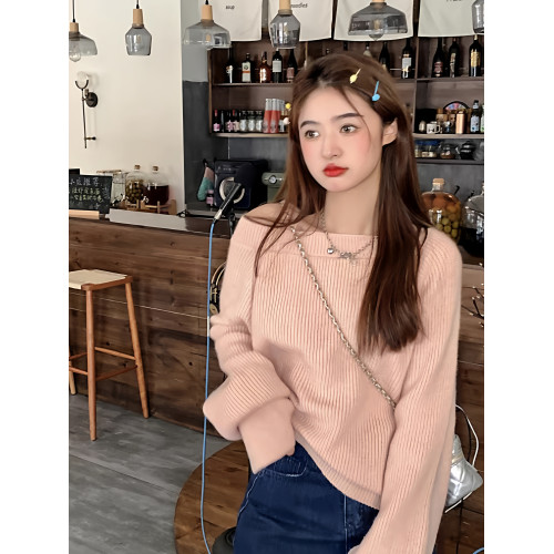 小心機露肩軟糯針織衫毛衣女早秋季設計感小衆法式溫柔風寬松上衣