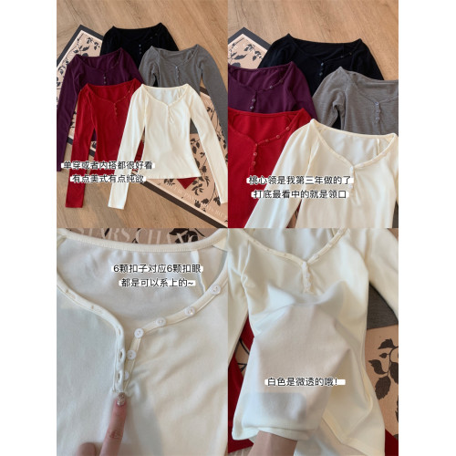 遲早 桃心領公式! 基礎款tee紐釦長袖打底內搭針織衫百搭上衣女