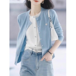 藍色假兩件毛衣針織開衫女2025秋季大碼胖MM顯瘦修身短款外套上衣