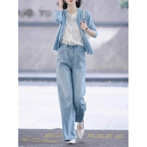 藍色假兩件毛衣針織開衫女2025秋季大碼胖MM顯瘦修身短款外套上衣