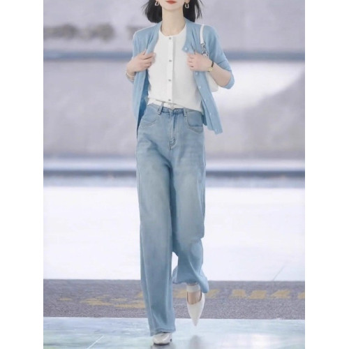 藍色假兩件毛衣針織開衫女2025秋季大碼胖MM顯瘦修身短款外套上衣