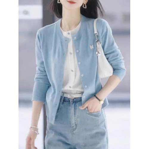 藍色假兩件毛衣針織開衫女2025秋季大碼胖MM顯瘦修身短款外套上衣