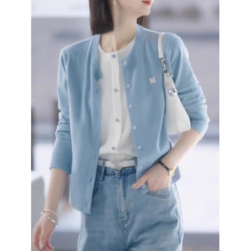 藍色假兩件毛衣針織開衫女2025秋季大碼胖MM顯瘦修身短款外套上衣