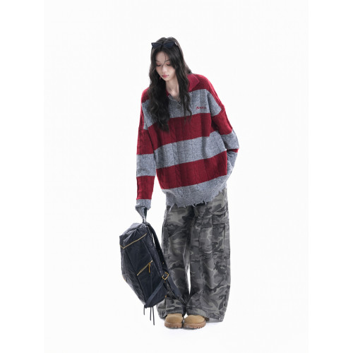 【坐吃山空】美式街頭破壞感下擺撞色條紋POLO領針織衫女慵懶毛衣 【坐吃山空】美式街頭破壞感下擺撞色條紋POLO領針織衫女慵懶毛衣