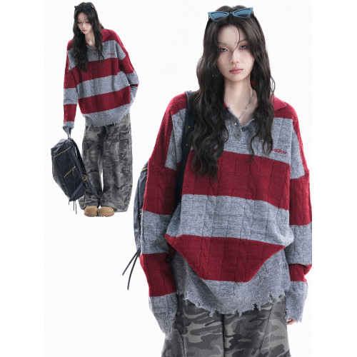 【坐吃山空】美式街頭破壞感下擺撞色條紋POLO領針織衫女慵懶毛衣 【坐吃山空】美式街頭破壞感下擺撞色條紋POLO領針織衫女慵懶毛衣