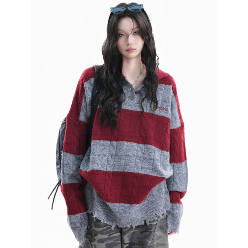 【坐吃山空】美式街頭破壞感下擺撞色條紋POLO領針織衫女慵懶毛衣 【坐吃山空】美式街頭破壞感下擺撞色條紋POLO領針織衫女慵懶毛衣