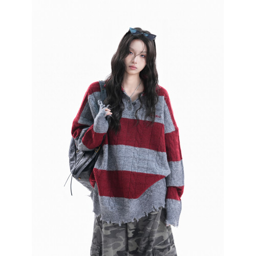 【坐吃山空】美式街頭破壞感下擺撞色條紋POLO領針織衫女慵懶毛衣 【坐吃山空】美式街頭破壞感下擺撞色條紋POLO領針織衫女慵懶毛衣