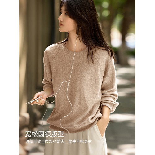 XWI訢未優雅圓領純色肌理感衛衣女2025秋季寬松休閒百搭顯瘦上衣