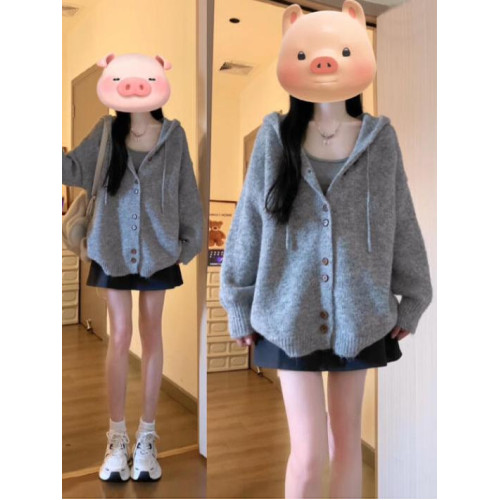 灰色連帽毛衣開衫外套女秋季韓系穿搭寬松軟糯慵懶風針織衫上衣冬
