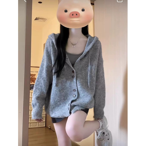 灰色連帽毛衣開衫外套女秋季韓系穿搭寬松軟糯慵懶風針織衫上衣冬