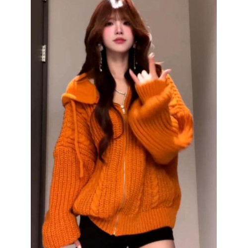 春秋美式復古慵嬾風麻花針織連帽毛衣男女寬鬆百搭多巴胺毛衫外套