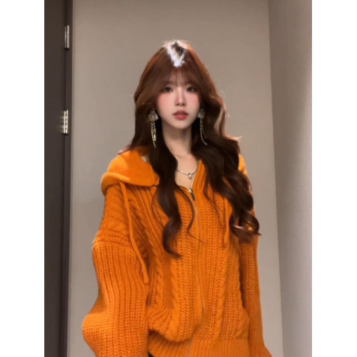 春秋美式復古慵嬾風麻花針織連帽毛衣男女寬鬆百搭多巴胺毛衫外套