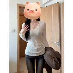 韓系白色v領長袖毛針織衫女秋冬季修身內搭高級感顯瘦打底衫上衣