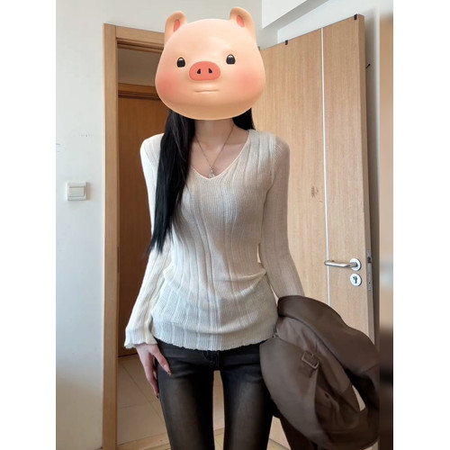 韓系白色v領長袖毛針織衫女秋冬季修身內搭高級感顯瘦打底衫上衣