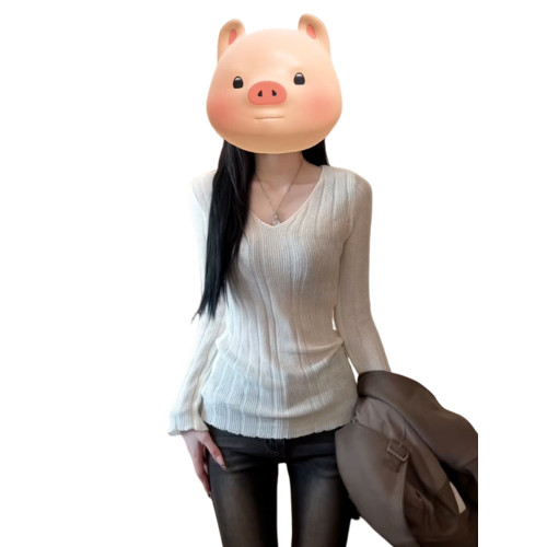 韓系白色v領長袖毛針織衫女秋冬季修身內搭高級感顯瘦打底衫上衣