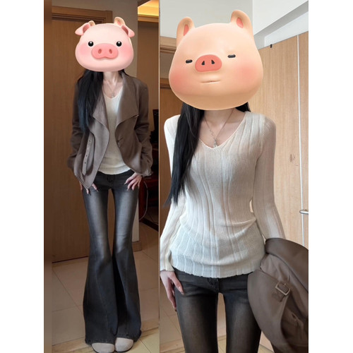 韓系白色v領長袖毛針織衫女秋冬季修身內搭高級感顯瘦打底衫上衣