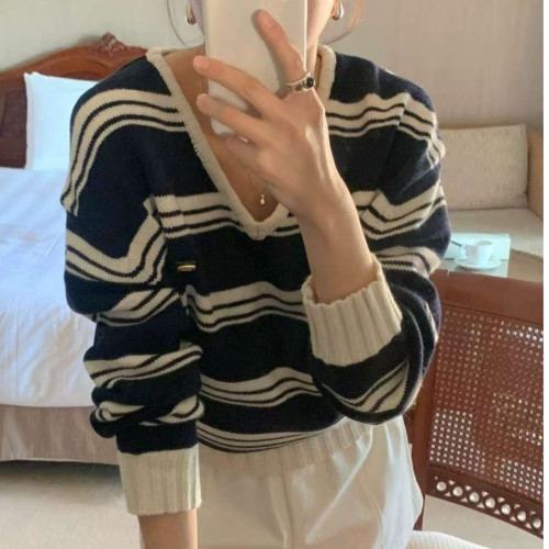 百搭撞色條紋v領針織打底衫上衣 百搭撞色條紋v領針織打底衫上衣