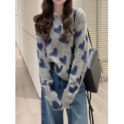 大碼胖mm慵嬾氣質氛圍感針織衫女秋季設計感愛心印花減齡毛衣上衣