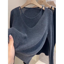 韓系假兩件針織衫女早秋巨好看的上衣輕熟絕美打底衫長袖薄款毛衣