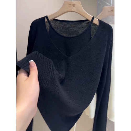 韓系假兩件針織衫女早秋巨好看的上衣輕熟絕美打底衫長袖薄款毛衣