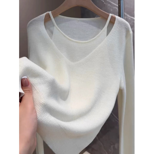 韓系假兩件針織衫女早秋巨好看的上衣輕熟絕美打底衫長袖薄款毛衣