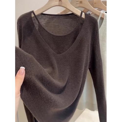 韓系假兩件針織衫女早秋巨好看的上衣輕熟絕美打底衫長袖薄款毛衣