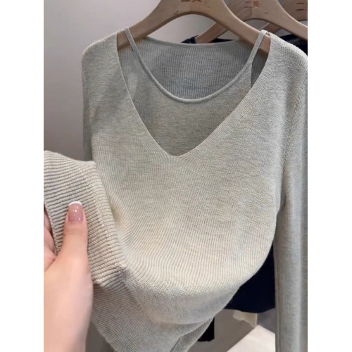 韓系假兩件針織衫女早秋巨好看的上衣輕熟絕美打底衫長袖薄款毛衣