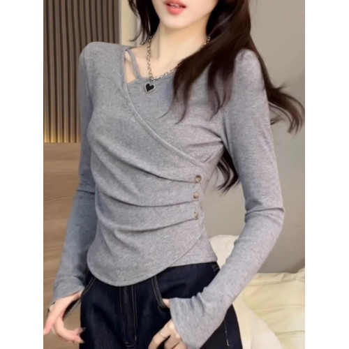 2025秋季新款時尚裝飾釦子純色收腰修身顯瘦洋氣長袖打底衫上衣 2025秋季新款時尚裝飾釦子純色收腰修身顯瘦洋氣長袖打底衫上衣