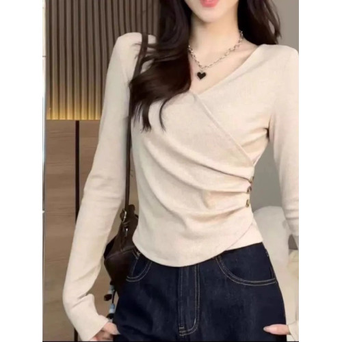 2025秋季新款時尚裝飾釦子純色收腰修身顯瘦洋氣長袖打底衫上衣 2025秋季新款時尚裝飾釦子純色收腰修身顯瘦洋氣長袖打底衫上衣