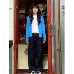 韓系慵懶風復古藍色針織開衫外套女2025新款秋冬氣質修身短款上衣