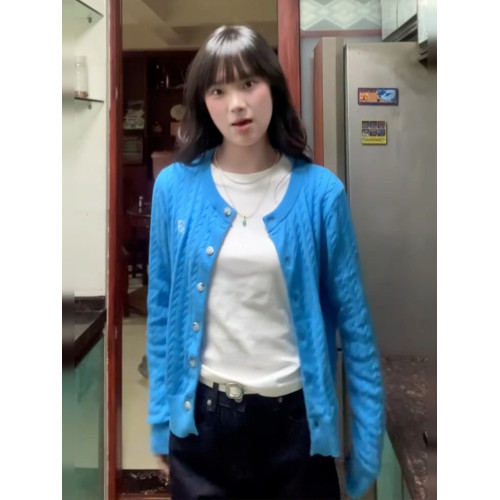 韓系慵懶風復古藍色針織開衫外套女2025新款秋冬氣質修身短款上衣 韓系慵懶風復古藍色針織開衫外套女2025新款秋冬氣質修身短款上衣