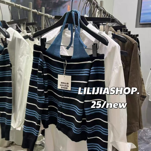 十三行秋季新款韓版時尚百搭顯瘦掛脖假兩件撞色條紋針織女小個子 十三行秋季新款韓版時尚百搭顯瘦掛脖假兩件撞色條紋針織女小個子