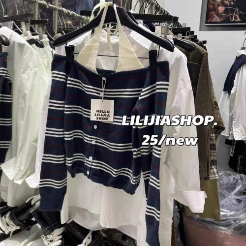 十三行秋季新款韓版時尚百搭顯瘦掛脖假兩件撞色條紋針織女小個子 十三行秋季新款韓版時尚百搭顯瘦掛脖假兩件撞色條紋針織女小個子