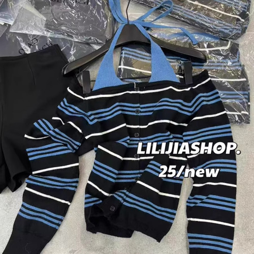 十三行秋季新款韓版時尚百搭顯瘦掛脖假兩件撞色條紋針織女小個子 十三行秋季新款韓版時尚百搭顯瘦掛脖假兩件撞色條紋針織女小個子