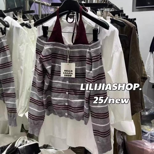 十三行秋季新款韓版時尚百搭顯瘦掛脖假兩件撞色條紋針織女小個子 十三行秋季新款韓版時尚百搭顯瘦掛脖假兩件撞色條紋針織女小個子