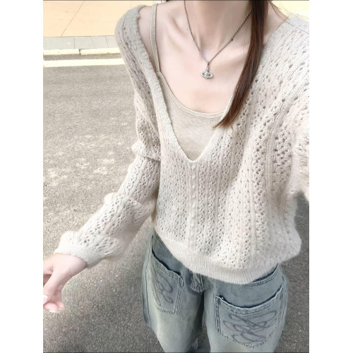 韓系早秋季穿搭v領針織衫上衣女2025新款鏤空針織罩衫吊帶兩件套