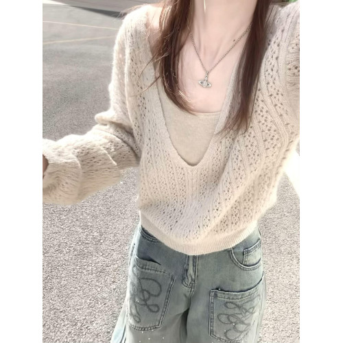 韓系早秋季穿搭v領針織衫上衣女2025新款鏤空針織罩衫吊帶兩件套