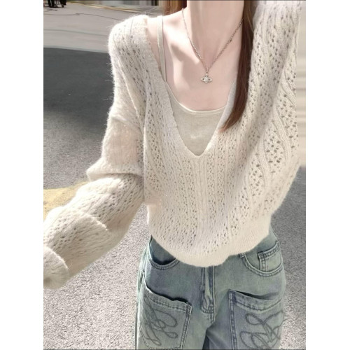 韓系早秋季穿搭v領針織衫上衣女2025新款鏤空針織罩衫吊帶兩件套