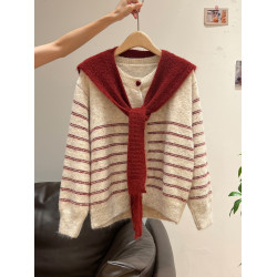 紅色披肩圓領條紋針織毛衣加厚長袖秋冬慵懶開衫外套上衣兩件套女