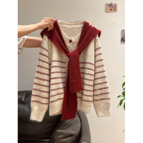 紅色披肩圓領條紋針織毛衣加厚長袖秋冬慵懶開衫外套上衣兩件套女 紅色披肩圓領條紋針織毛衣加厚長袖秋冬慵懶開衫外套上衣兩件套女