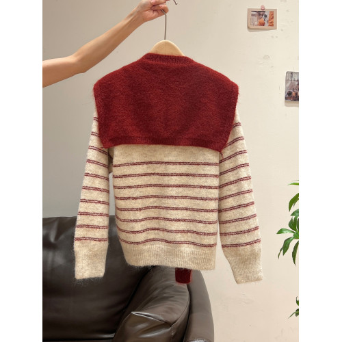 紅色披肩圓領條紋針織毛衣加厚長袖秋冬慵懶開衫外套上衣兩件套女 紅色披肩圓領條紋針織毛衣加厚長袖秋冬慵懶開衫外套上衣兩件套女