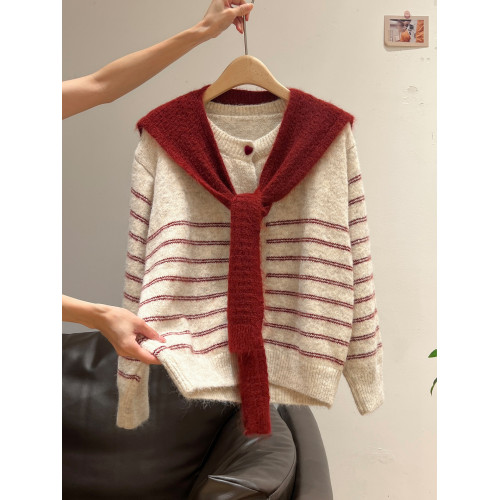 紅色披肩圓領條紋針織毛衣加厚長袖秋冬慵懶開衫外套上衣兩件套女 紅色披肩圓領條紋針織毛衣加厚長袖秋冬慵懶開衫外套上衣兩件套女