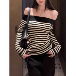 一字肩黑白條紋針織衫女早春內搭顯瘦打底衫純欲辣妹露肩撞色毛衣
