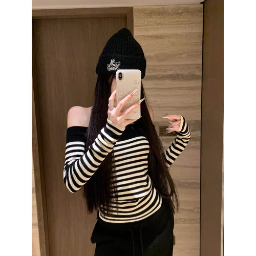 一字肩黑白條紋針織衫女早春內搭顯瘦打底衫純欲辣妹露肩撞色毛衣