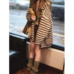 咖色中長款條紋長袖連帽開衫外套女2025早秋季韓系漂亮慵懶風上衣