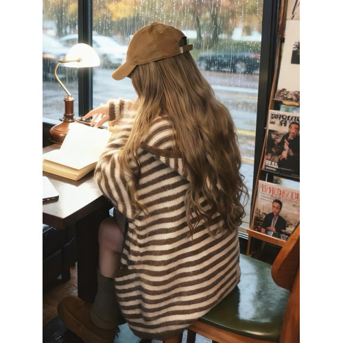 咖色中長款條紋長袖連帽開衫外套女2025早秋季韓系漂亮慵懶風上衣 咖色中長款條紋長袖連帽開衫外套女2025早秋季韓系漂亮慵懶風上衣